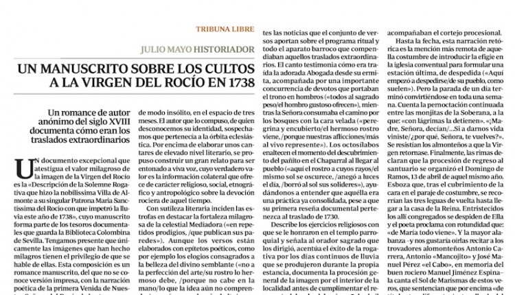 Artículo de Julio Mayo en ABC de Sevilla – Poema manuscrito de cultos en 1738