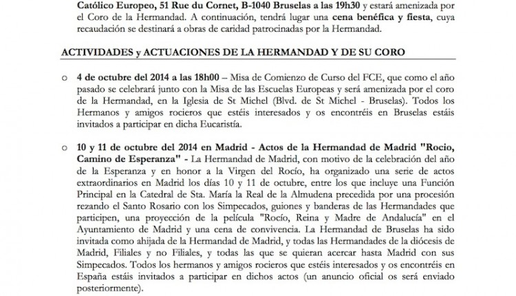 Calendario de actividades de la Hermandad de Bruselas