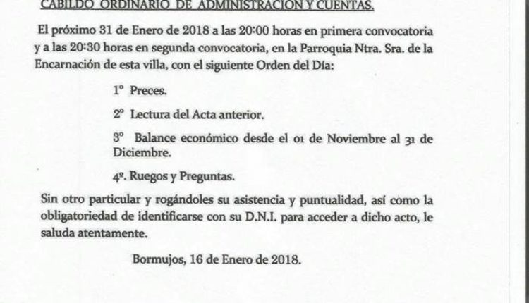 Hermandad de Bormujos – Cabildo Ordinario de Admon. de Cuentas